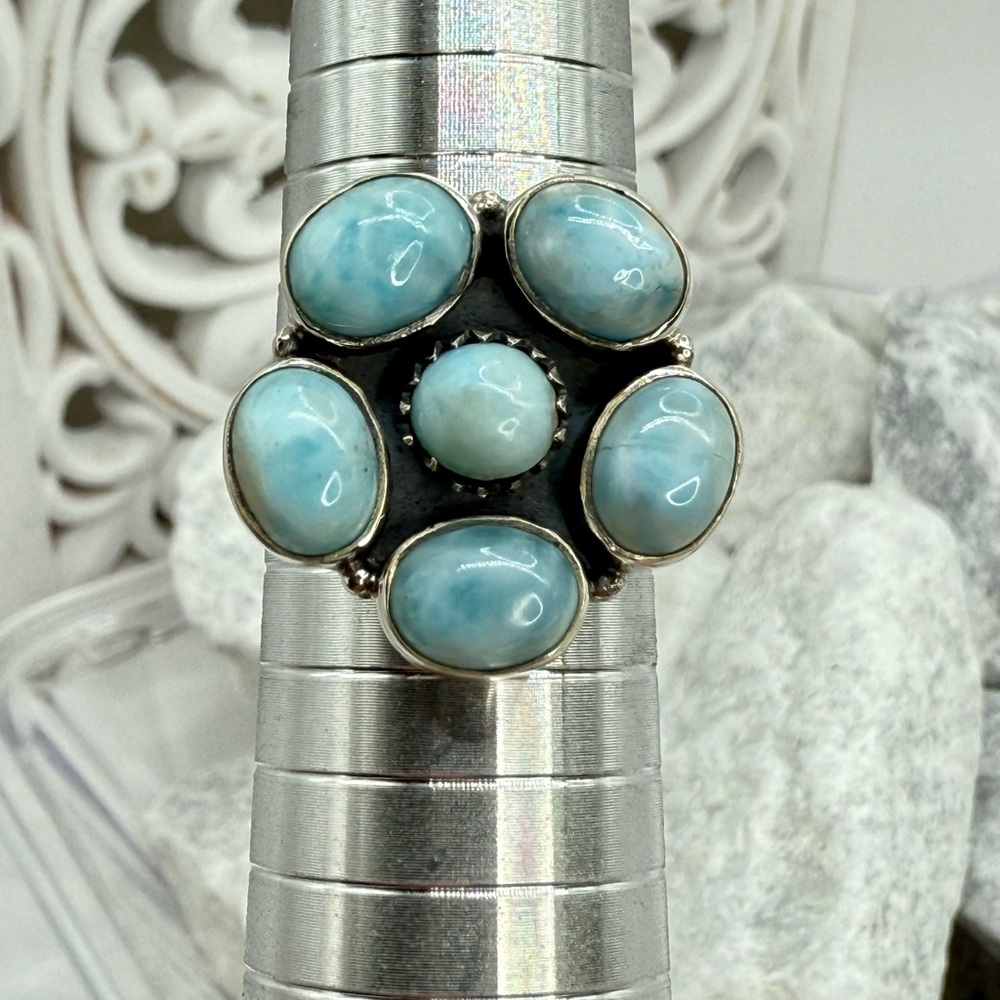 Sterling Silver Larimar Floral Cluster Ring Size 10 Boho Southwestern 925 - Picture 13 of 17